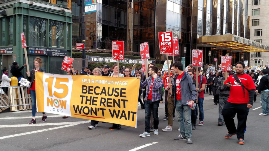 In 2015, protestors marched through New York City’s streets in support of a $15 minimum wage.