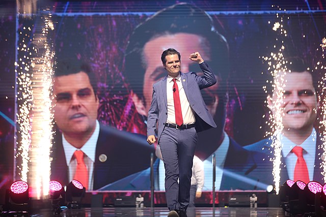 Matt Gaetz, a House member from Florida, enters the AmericaFest convention, an event held in Arizona in 2022. 