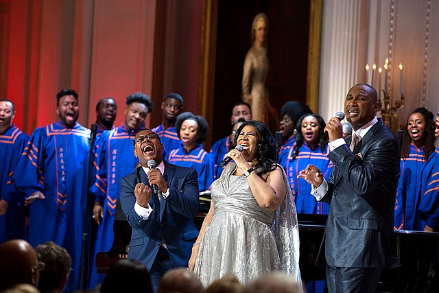 Aretha Franklin, often referred to as the “Queen of Soul,” sings at an event honoring gospel music’s influence on American culture at the White House in 2015. 