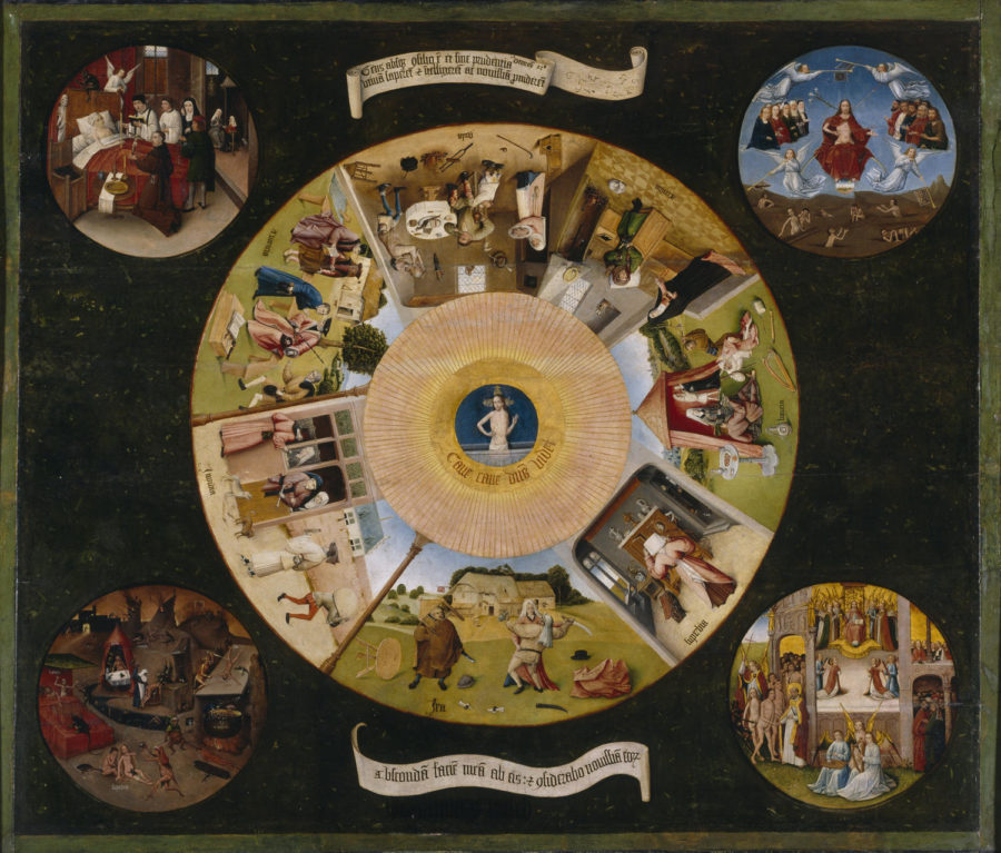 The+Seven+Deadly+Sins+and+the+Four+Last+Things+is+a+late+fifteenth-+or+early+sixteenth-century+painting+commonly+attributed+to+Dutch+painter+Hieronymus+Bosch.+The+divided+sections+in+the+central+circle+represent%2C+clockwise+from+the+top%2C+the+Seven+Deadly+Sins%3A+Gluttony%2C+Sloth%2C+Lust%2C+Pride%2C+Wrath%2C+Envy%2C+and+Greed.+Jesus+is+depicted+in+the+center+of+the+sins.+The+surrounding+Four+Last+Things+are%2C+clockwise+from+the+top-left+corner%3A+Death%2C+Judgement%2C+Heaven%2C+and+Hell.+It+is+on+view+at+the+Prado+Museum+in+Madrid%2C+Spain.