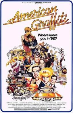Here is the film poster for American Graffiti with illustrations of scenes in the movie. The caption reads, “Where were you in ’62?” 


