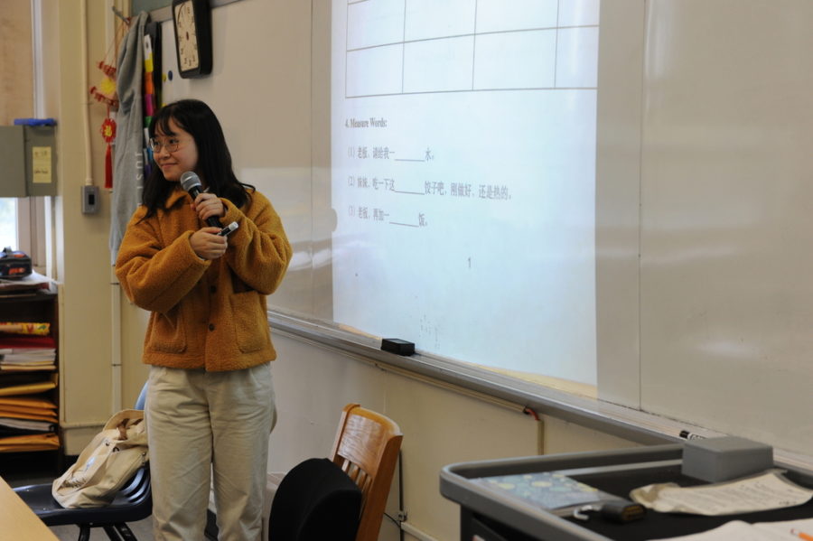The World Languages Department highly values and encourages student led discussion as a method of learning. A student taking Chinese (Mandarin) can be seen here presenting in one of the many Advanced Placement classes offered at Bronx Science.