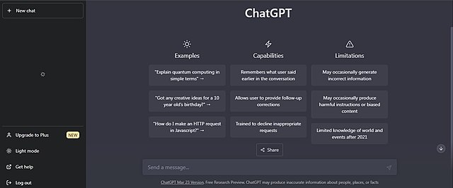 This is the basic, yet effective user interface for ChatGPT as of May 2023.