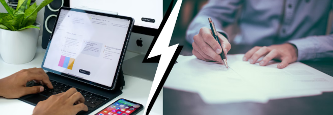 There is much debate over whether the digitalization of note taking is more beneficial or harmful for student’s learning, especially with the recent shift of bringing devices to school in order to take notes. (Photo Credit: Scott Graham / Unsplash at left and Walling / Unsplash at right).