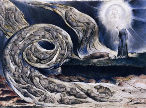 Blake’s The Lovers Whirlwind (1827) depicts a scene from Dante’s Divine Comedy. Here, Virgil shows Dante a vision of people who had been so touched by the virtue of love that life was stripped from them. The lovers rise to the heavens as they transcend death so they may proceed through the gateways of Eternity to fuller life. (William Blake, Public domain, via Wikimedia Commons)