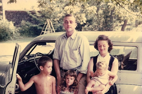 Here is Kurt Vonnegut pictured with his wife Jane and his children Mark, Edie, and Nanny (from left to right). (Photo Credit: Unknown; copyright held by Edie Vonnegut., CC BY-SA 4.0 , via Wikimedia Commons) 
