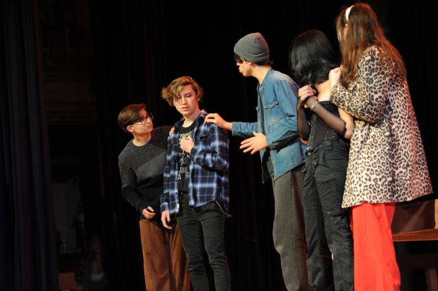 Salutatorian Matthew Ferencz ’23 (second from left) performed as the character of Roger in the school’s production of the musical Rent on May 18th and 19th, 2023. “It was one of the best times Ive had at this school,” Ferencz said. “It was just really amazing, and I loved all the late nights of rehearsal.”