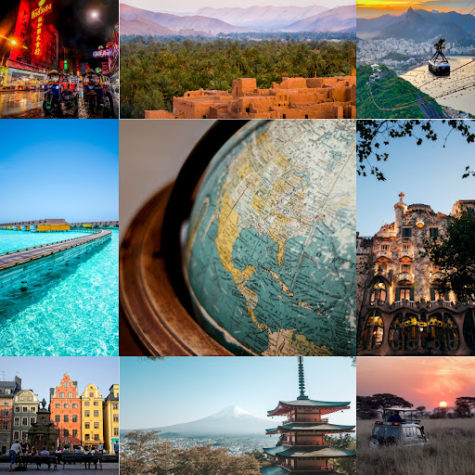 Try guessing where each photo is taken — except for the globe in the middle, of course. Check your answers below the crossword module!
