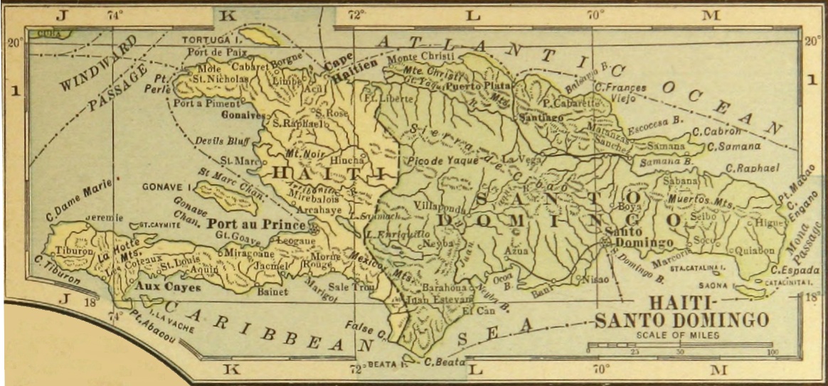 Here is a 1921 map of the West Indian island named Hispaniola. The shared land is between what is now Haiti (an independent country since 1804) and the Dominican Republic (an independent country since 1844). The island lies in between the Caribbean Sea and the Atlantic Ocean. Image Credit: G.P. Putnams Sons, Public domain, via Wikimedia Commons
