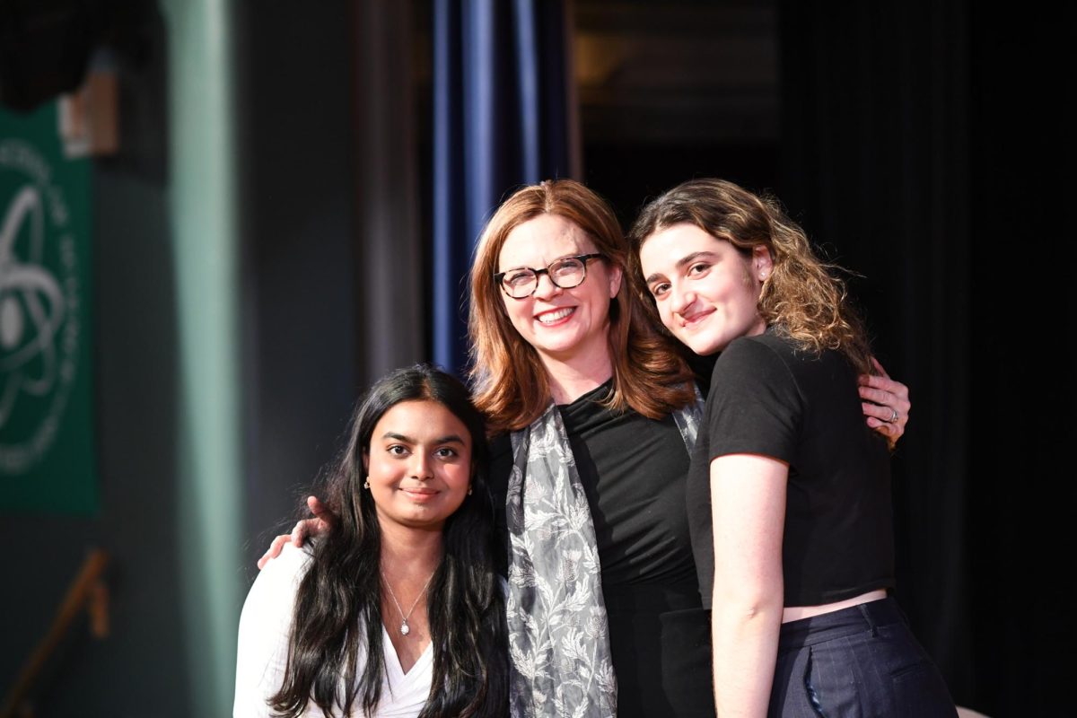 Here is Fordham University President Tania Tetlow with Bronx Science Student Organization President Umme Anushka 24 and Senior Council President Esther Gelman 24 after the interview. She told the students at Bronx Science, “I’m so excited to be here. I’ve been asking to come, since I arrived at Fordham last year.”
