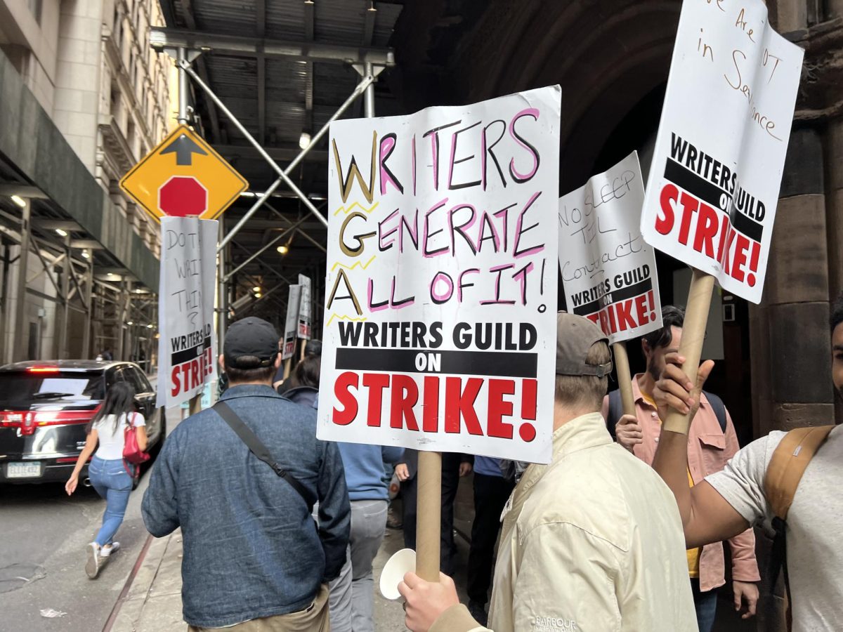 Here are writers on the streets of New York City, protesting outside the studio that is filming Marvel Studios upcoming Disney+ show, Daredevil: Born Again. (Photo Credit: Fabebk, CC BY-SA 4.0 , via Wikimedia Commons)