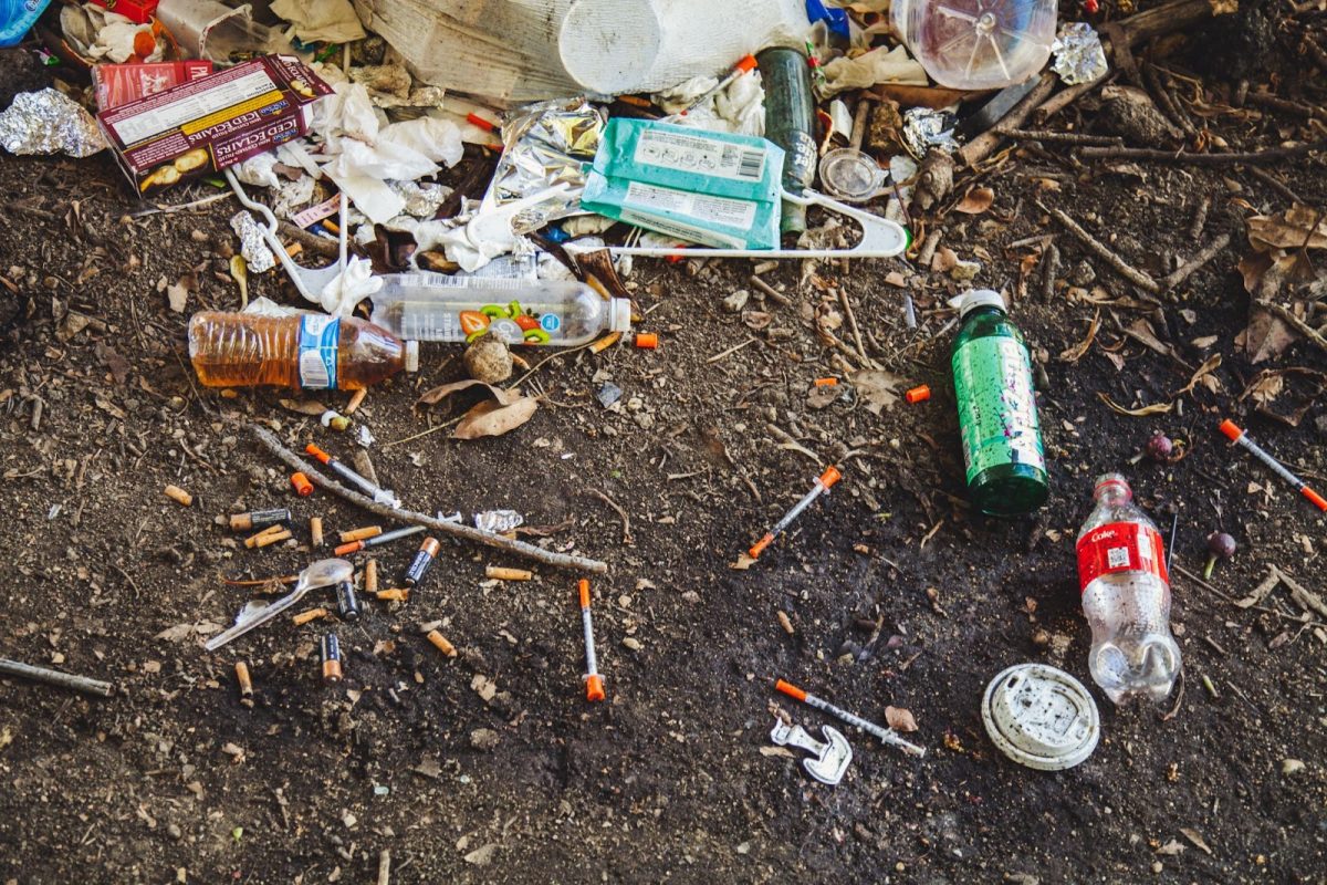 Here is a photo of the side of a street of in Los Angeles, America, showing trash, needles, and cigarette butts on the side of the highway, where many pass by, day by day. The improperly disposed syringes pose a potential risk of transmission of viral infections to members of the community. The garbage has built up over time, with no apparent efforts to clean up the area. (Photo Credit: Jonathan Gonzalez / Unsplash)