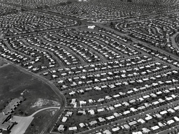 Here is an aerial view of Levittown in Pennsylvania, circa 1959. Levittown, and towns similar to it, were not the first suburbs in the United States, but they were the most popular ones. These little suburbs were the opposite of urban spaces at the time. (Photo Credit: Wikimedia Commons, Public Domain:
https://commons.wikimedia.org/wiki/File:LevittownPA.jpg)
