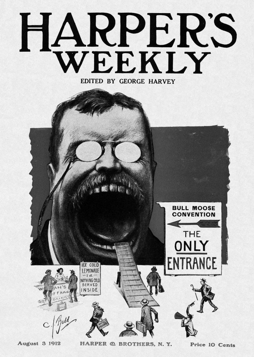 Theodore Roosevelt ran as a third party candidate under his Bull Moose Party, as depicted in this political cartoon published in 1912. Here, Harper’s Weekly satirizes Roosevelt’s enormous ego, by showing delegates who can only enter the convention through the ‘hot air’ of Roosevelts mouth. (Image Credit: Harpers Weekly, Public domain, via Wikimedia Commons)