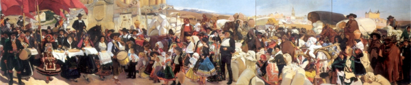 The Bread Festival at Castille is at the forefront of the room and the highlight of the Vision of Spain as the largest and most populated piece, covering an entire wall on its own. (Photo Credit: Joaquín Sorolla, Public domain, via Wikimedia Commons)