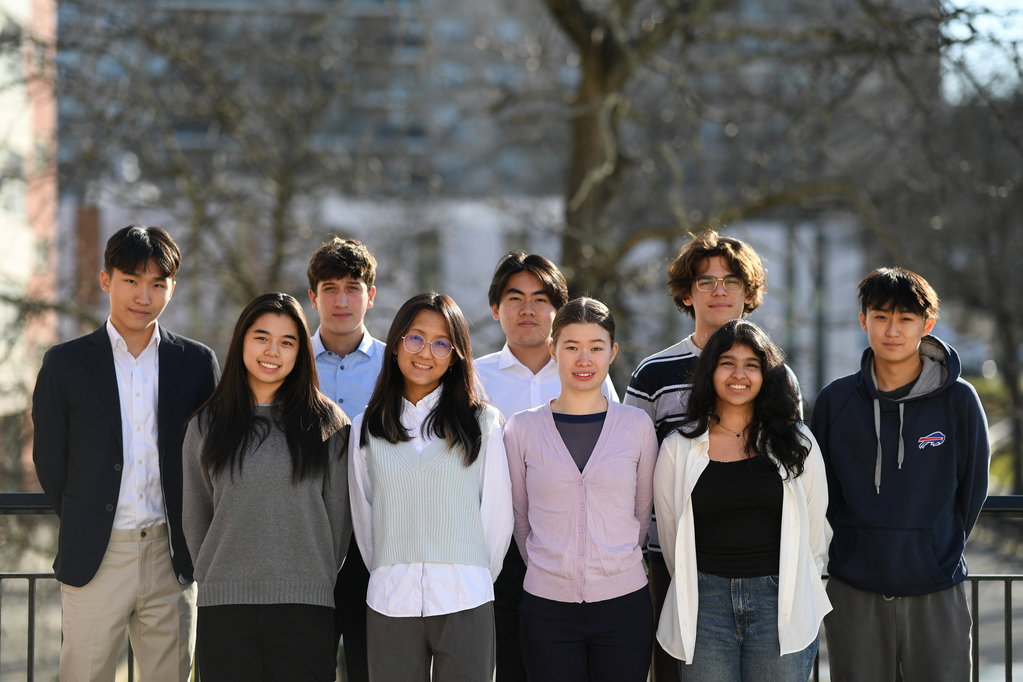 Pictured are Bronx Sciences 9 Regeneron Science Talent Search Scholars for 2024. Front Row (Left to Right): Rachel Wu ’24, Melody Jiang ’24, Sophie DHalleweyn ’24, and Nema Khan 24. Back Row (Left to Right): Kun-Hyung Roh ’24, Dimitrios Mahairas ’24, Jonathan Lin ’24, Aiden Hightower ’24, and Ryan Kim ’24.