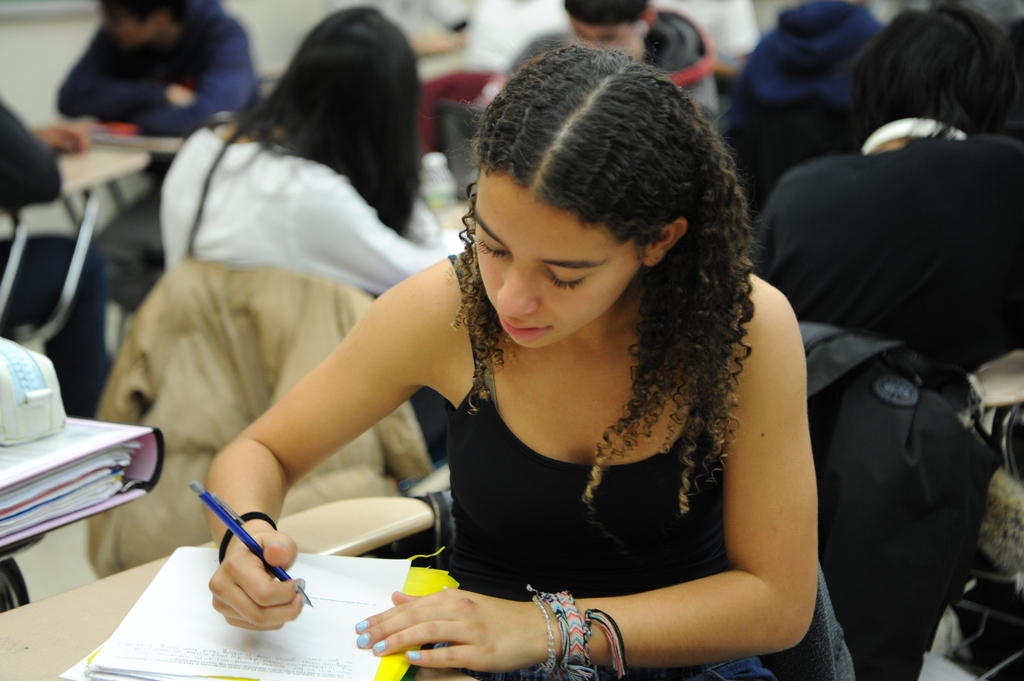 Nadia Tarik ‘26, a student in Mr. Gonzowitz’s Advanced Placement World History class, astutely takes notes.