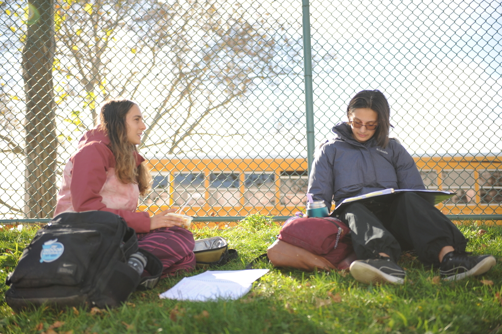 Two students enjoying the picturesque Bronx Science courtyard — an ideal place to study and converse while eating their lunch.