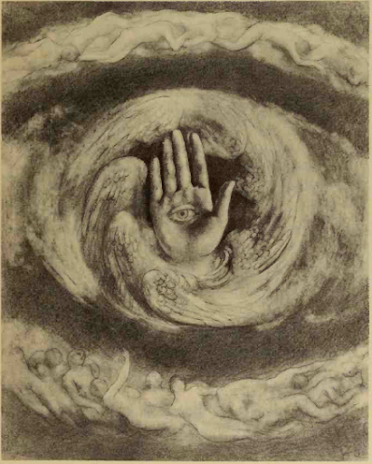 My own interpretation of the hand with the eye in the center after reading through Khalil Gibrans The Prophet in its entirety was that it represented God, who was able to see all and hear all, a being that represented strength and stability towards all else that surrounded it. (Image Credit: Khalil Gibran, Public domain, via Wikimedia Commons)