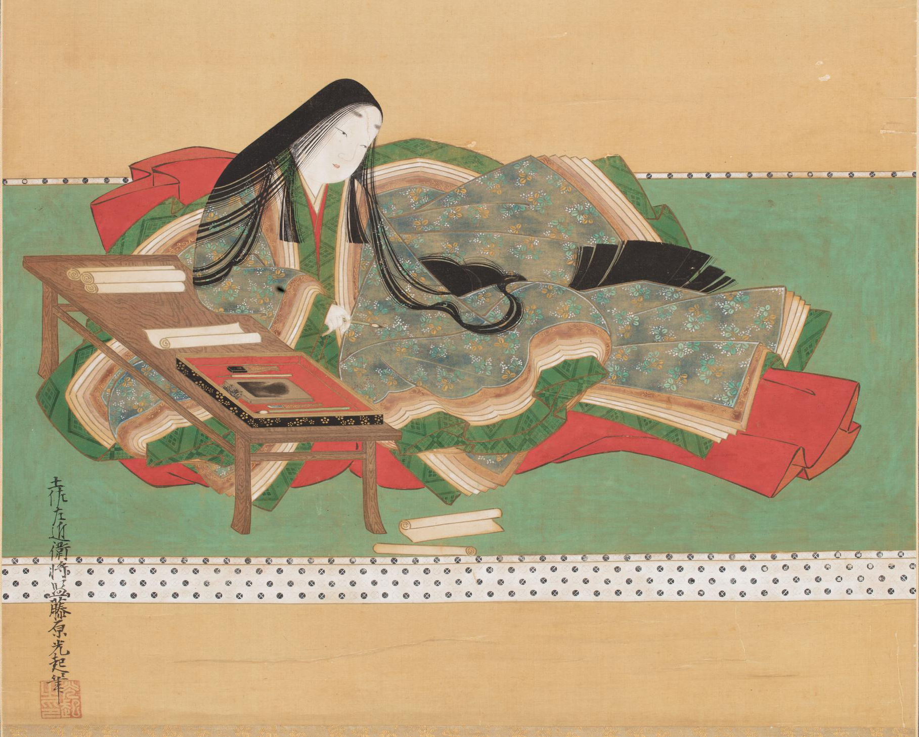 Here is a Tosa style artwork by Tosa Mitsuoki depicting Murasaki Shikibu composing The Tale of Genji. During the Edo period, Murasaki Shikibu, and subsequently The Tale of Genji, became a popular subject for ukiyo-e artists, influencing this Tosa’s artstyle. Murasaki Shikibus impacts are far-reaching, and can still be felt today. (Image Credit: Tosa Mitsuoki (1617 - 1691), Public domain, via Wikimedia Commons
