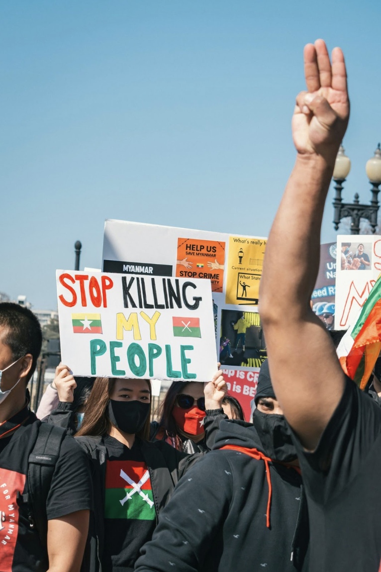 People are protesting for more awareness regarding the conflict in Myanmar and pushing for the military to stop killing their people. (Photo Credit: Gayatri Malhotra / Unsplash)
