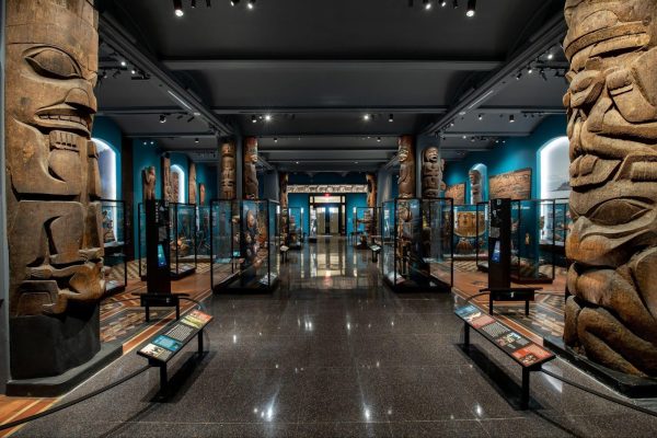 The renovated Northwest Coast Hall at AMNH opened in May 2022 with new exhibits that were developed in consultation with Native scholars, artists, historians, filmmakers, and language experts from the Northwest Pacific region. (Photo Credit: © AMNH/D. Finnin; used by permission)