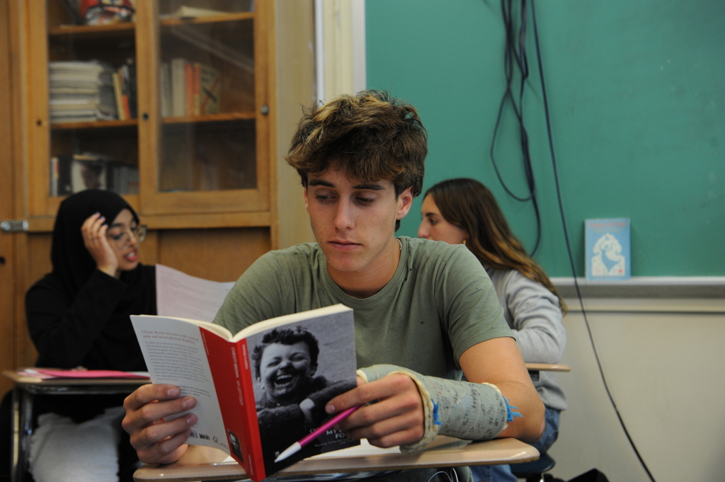 Many students, including Henry Bardey ’25, chose to read Christy Brown’s 1989 memoir, 'My Left Foot,' for small group book clubs in in Dr. Katherine Montgomery’s new class at Bronx Science, Advanced Placement Literature: Science, Technology, and Medicine.