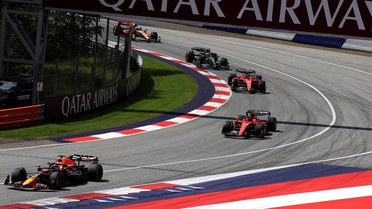 Pictured is Max Verstappen (Oracle Red Bull Racing) in the lead followed by Charles Leclerc (Scuderia Ferrari), Carlos Sainz (Scuderia Ferrari), Lewis Hamilton (Mercedes-AMG PETRONAS F1), and Lando Norris (McLaren F1) at the Red Bull Ring Grand Prix in Austria during the 2023 season. (Photo Credit: Lukas Raich, CC BY-SA 4.0 , via Wikimedia Commons)