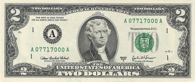 As his defeated look seems to suggest, Thomas Jefferson has been stuck with the most awkward form of U.S. currency — the $2 bill. (Image Credit: Bureau of Engraving and Printing: U.S. Department of the Treasury, Public domain, via Wikimedia Commons)
