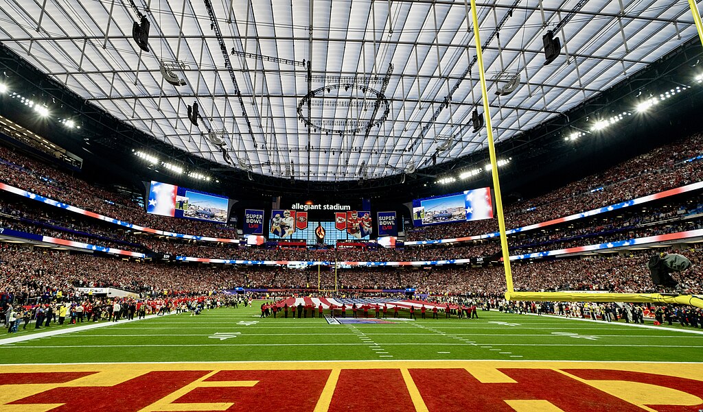 Pictured is the stadium for Super Bowl LVIII, held in Las Vegas, Nevada, on February 11th, 2024. Overtime and the National Football League created a partnership in November 2024 that will allow Overtime access to behind-the-scenes events at the Super Bowl each year.  (Photo Credit: Staff Sgt. Dakota Carter, Public domain, via Wikimedia Commons)
