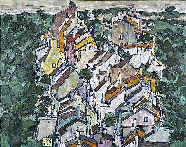 'Town among the Greenery (The Old City III' depicts an intricate cluster of colorful rooftops and buildings, tightly packed together amidst lush greenery. The bold lines and expressive shapes give the village an abstract, almost dreamlike quality. (Image Credit: Egon Schiele, Public domain, via Wikimedia Commons)