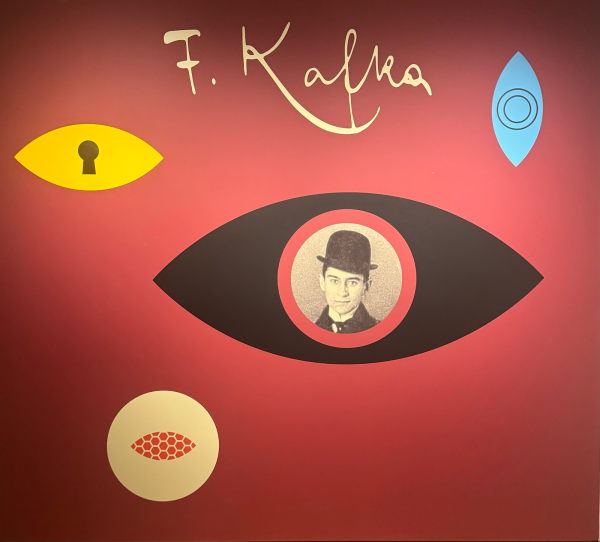 This image, presented on the wall of the exhibit, is a peculiar and disoriented artistic tribute to Kafka. The image creates an unusual impression through multiple eye-shaped figures. Each eye shape is distinctive. Kafka is the focal point of the central eye. The yellow eye shape with a keyhole symbolizes the secrecy of Kafka’s life, the blue eye shape reflects constant observations, and the circular reptilian eye signifies alienation and references 'The Metamorphosis'.