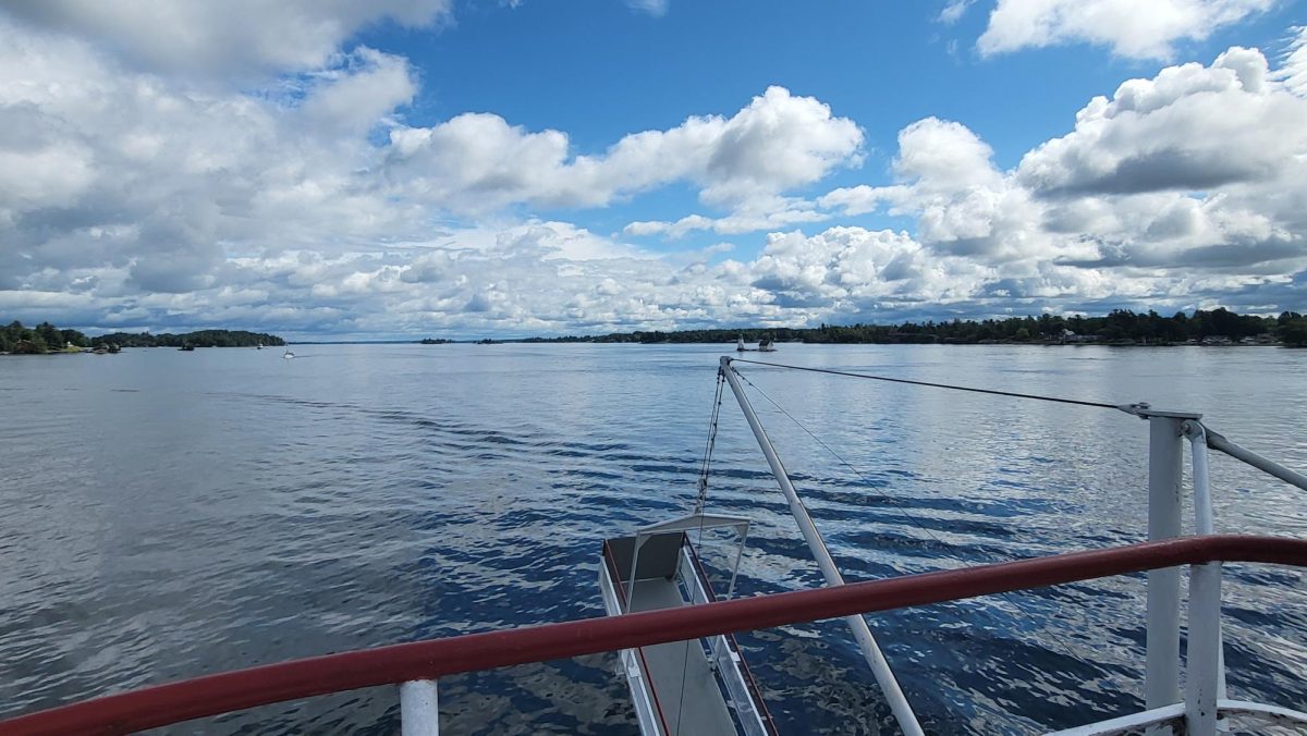 The front of the ferry provides a panoramic view of the islands and the St. Lawrence River.