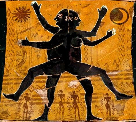 Here is an artistic rendering of Aristophanes’ notion of soulmates which depicts spherical human beings with two heads, four arms, and four legs. Since their separation, each half spends their life searching for the other half, their soulmate, as this person will make them feel whole and fulfilled. (Photo Credit: 1asgarbahmanyar, CC BY-SA 4.0 , via Wikimedia Commons)