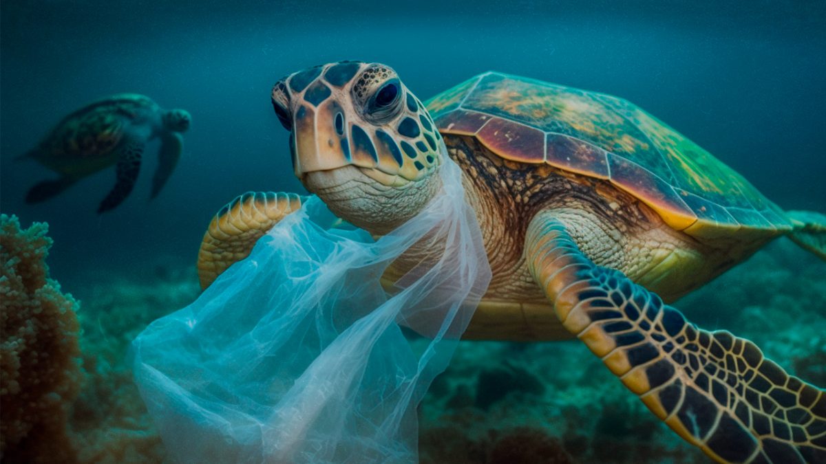Pictured is a horrifying photo of a Hawkswood turtle stuck in a plastic bag, a life changing event. This serves as a powerful reminder of the lasting impact of plastic pollution on marine wildlife. (Photo Credit: Coordinador copy, CC BY-SA 4.0 , via Wikimedia Commons)