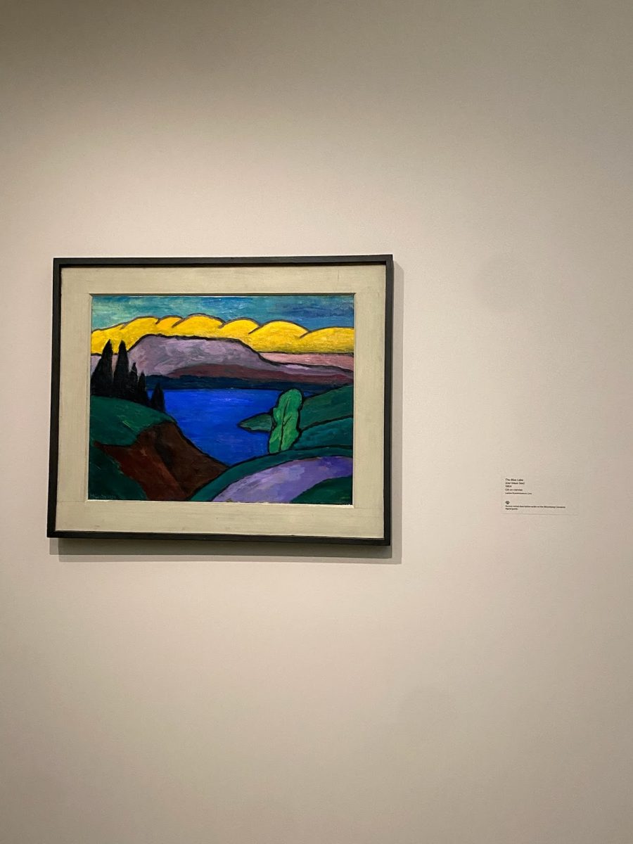 The cobalt river beneath the canary clouds portrays this landscape as threatening yet inviting.