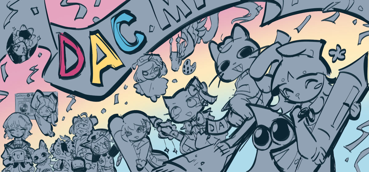 Pictured is the Digital Art Club's mascot contest banner, which is comprised of images of all of the submitted mascot ideas. Carrie, the current mascot, is on the far right. (Image Credit: Lehan Zhang; used by permission)