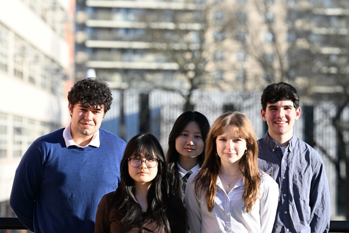 Pictured are Bronx Science’s five Regeneron Scholars for 2026. From left to right are Sam Land '26, Xi Zhen Wu '26, Helen Lin '26 Liah Igel '26, and Aaron Eli Krasinski '26. (Photo Credit: Alexander Thorp)
