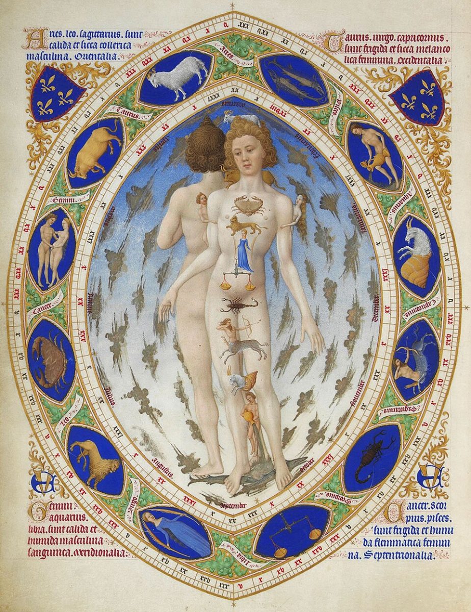 Shown is a 15th century book of hours (a type of Christian prayer book) displaying the supposed astrological relations between Western zodiacal signs and various human body parts. Astrology is a form of spirituality and divinity revolving around the belief that the stars, moon, sun and planets beyond our world dictate what happens within it. Although it is now considered to be a pseudoscientific belief system for its incompatibility with proven scientific ideas, astrology was once thought of as a branch of astronomy. (Image Credit: Limbourg brothers, Public domain, via Wikimedia Commons)