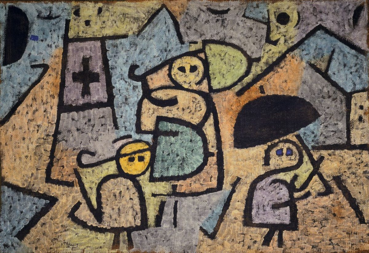 Paul Klee's 'Protected Children' (1939) voices Klee’s worry for the youth as the piece presents confused children in an unmanageable storm with a Red Cross that is not an sufficient answer. [Image Credit: Paul Klee, Protected Children (geschützteKinder), 1939, 345. Watercolor on burlap, 29 5/8 x 39 1/2 in. (75.2 x 100.3 cm). Private collection. © 2026 Artists Rights Society (ARS), New York; used by permission]